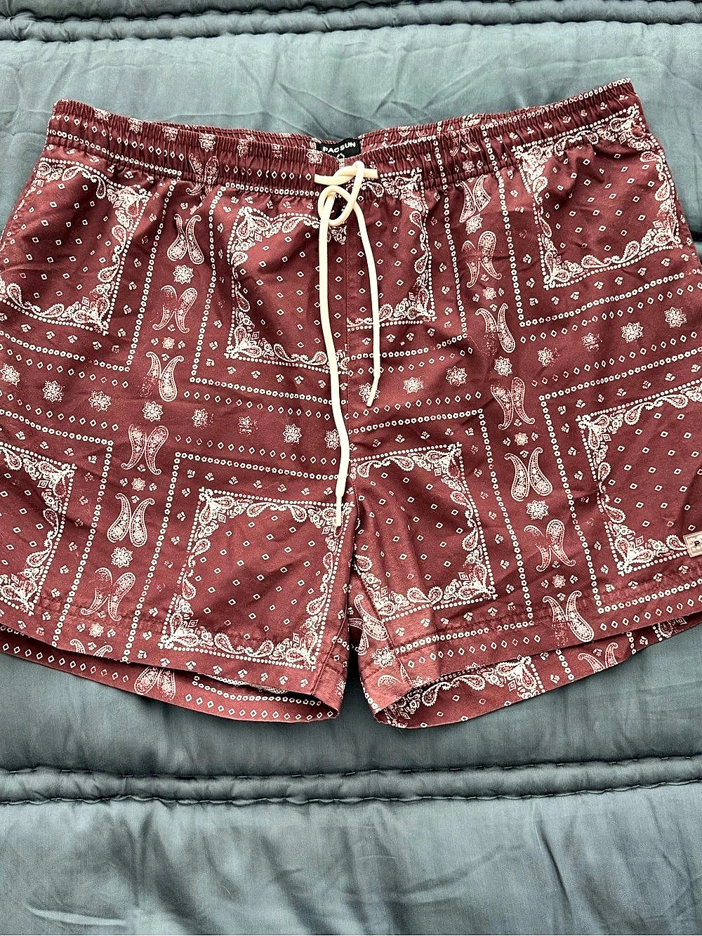 PacSun Bandana Block 4.5" Swim Trunks Paisley Swim Trunks Brown & White Large